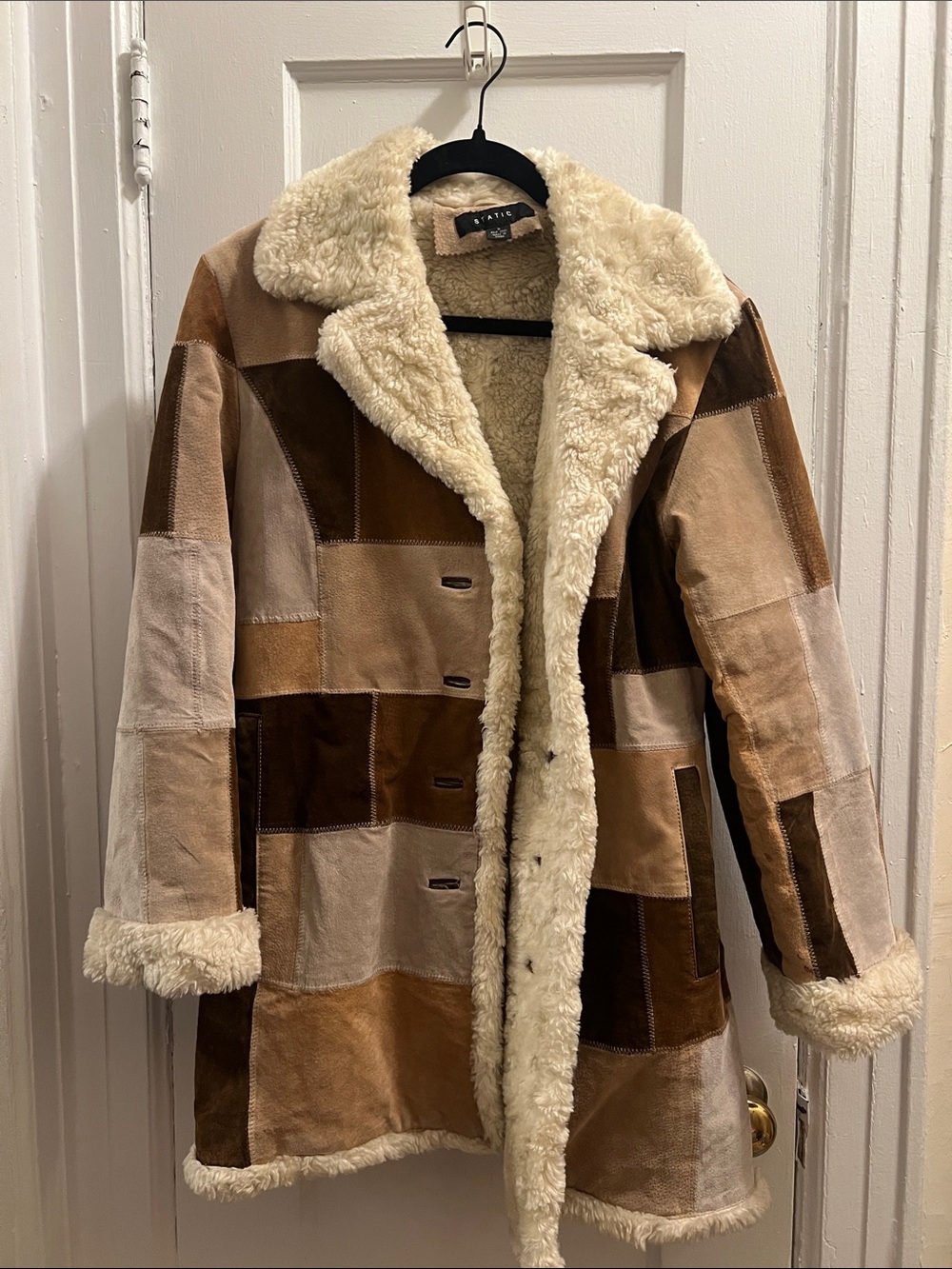 Patchwork Shearling Coat - Cream & Brown